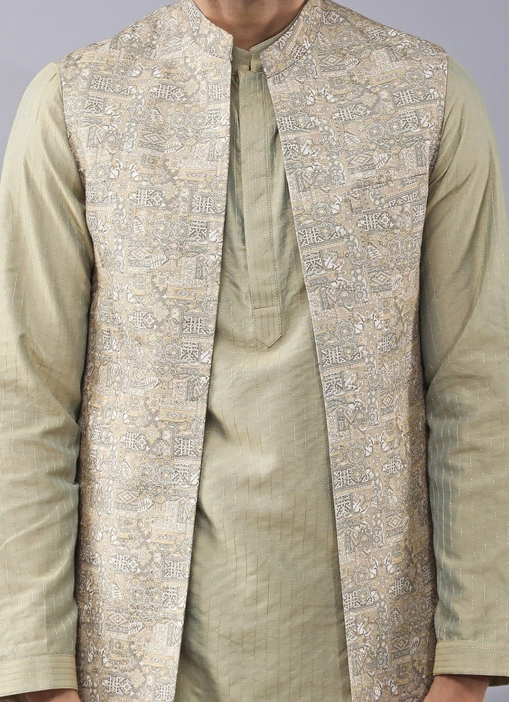 Pastel Gold Silk Kurta Pants Set with Jacket Manish Nagdeo Men - Fabilicious Fashion