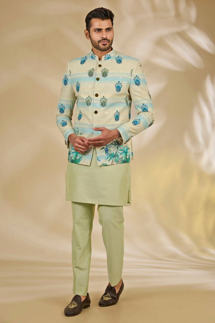 Manish Nagdeo Men Pastel Green and Ivory Cotton Silk Bandhgala SetFabilicious Fashion