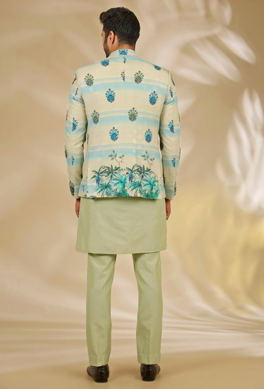 Manish Nagdeo Men Pastel Green and Ivory Cotton Silk Bandhgala SetFabilicious Fashion