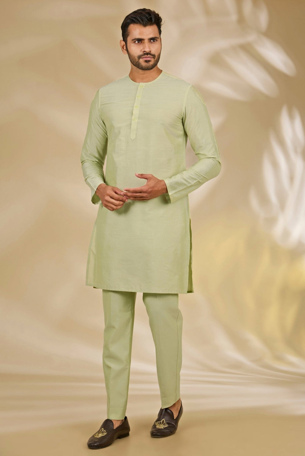 Manish Nagdeo Men Pastel Green and Ivory Cotton Silk Bandhgala SetFabilicious Fashion