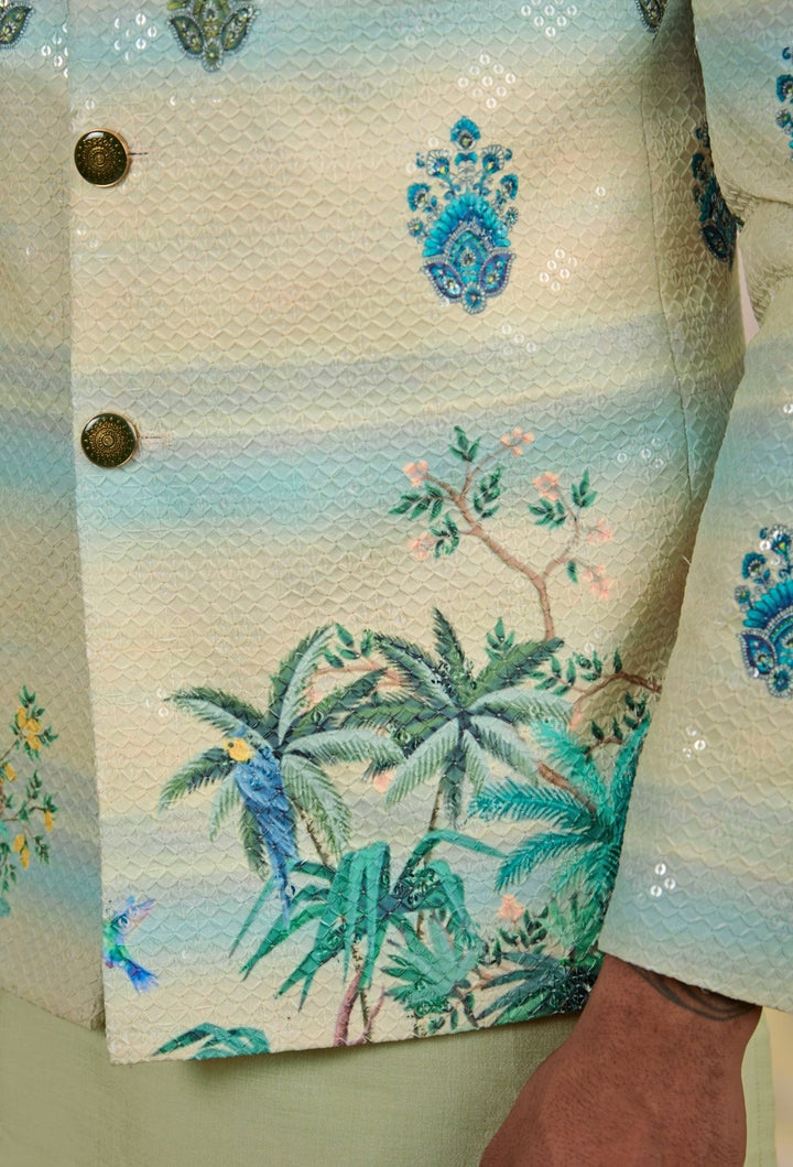 Manish Nagdeo Men Pastel Green and Ivory Cotton Silk Bandhgala SetFabilicious Fashion