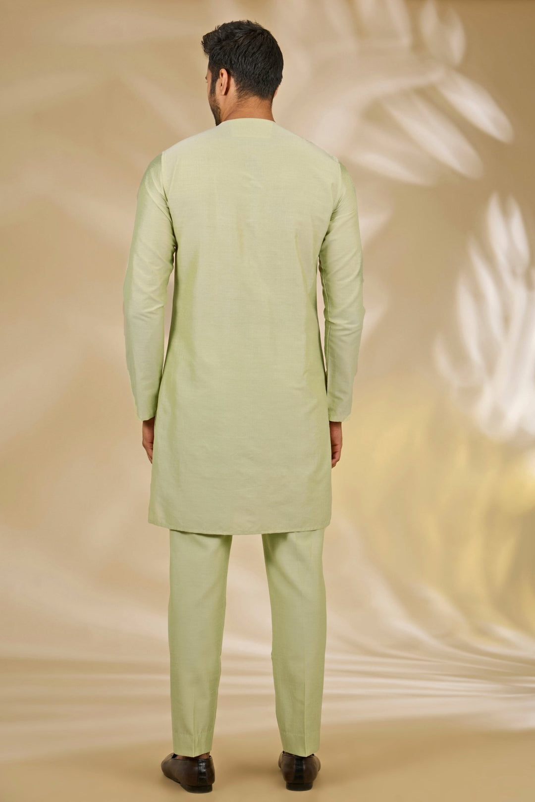 Manish Nagdeo Men Pastel Green and Ivory Cotton Silk Bandhgala SetFabilicious Fashion