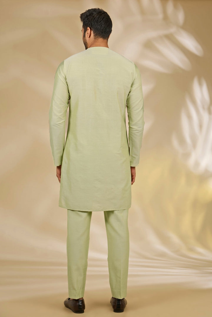 Manish Nagdeo Men Pastel Green and Ivory Cotton Silk Bandhgala SetFabilicious Fashion