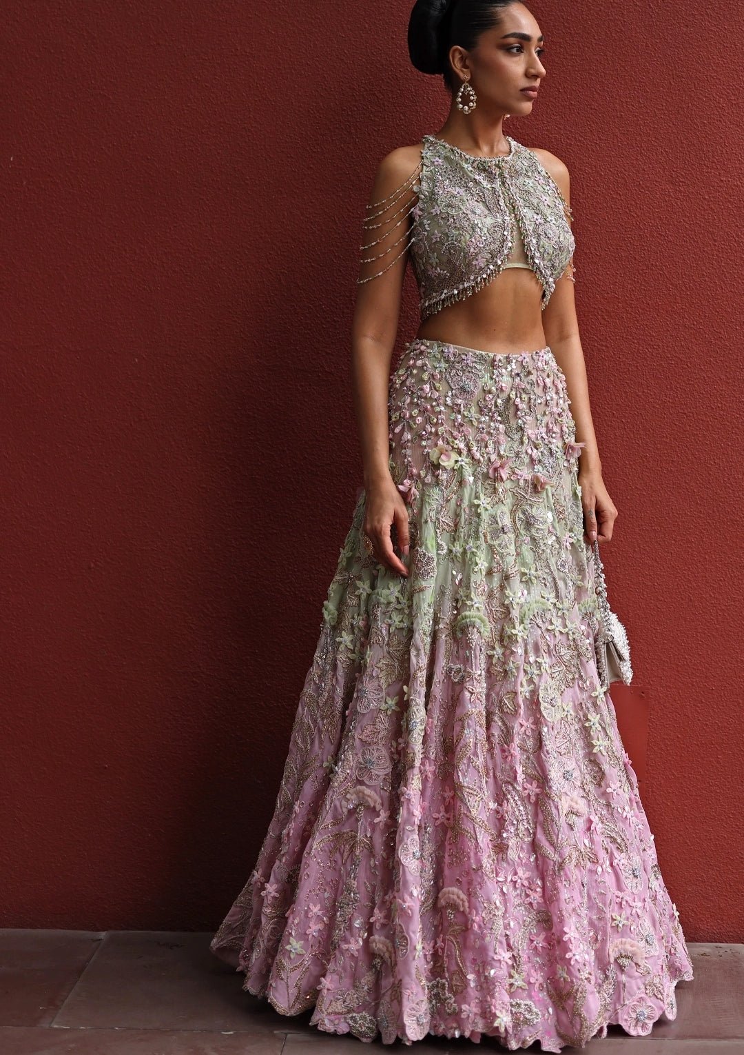 Pastel Green And Pink Floral Chiffon Lehenga Set Moledro - Fabilicious Fashion