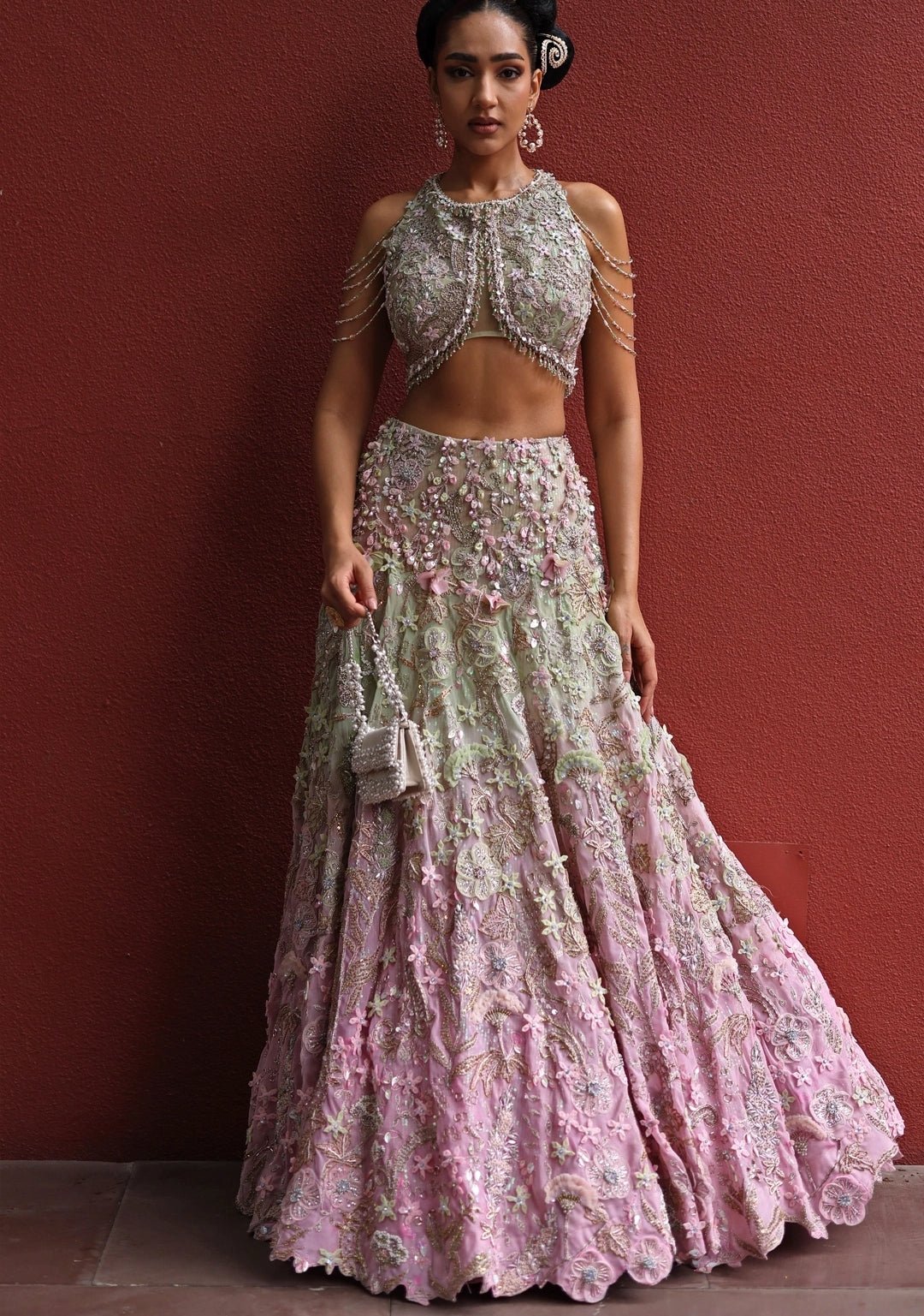 Pastel Green And Pink Floral Chiffon Lehenga Set Moledro - Fabilicious Fashion