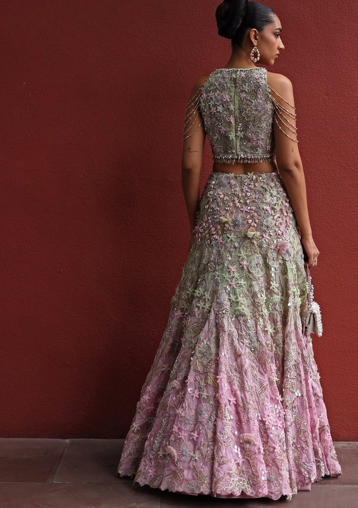 Pastel Green And Pink Floral Chiffon Lehenga Set Moledro - Fabilicious Fashion