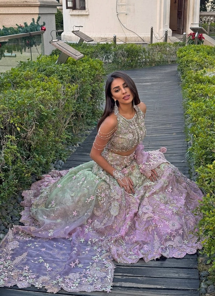 Pastel Green And Pink Floral Chiffon Lehenga Set Moledro - Fabilicious Fashion