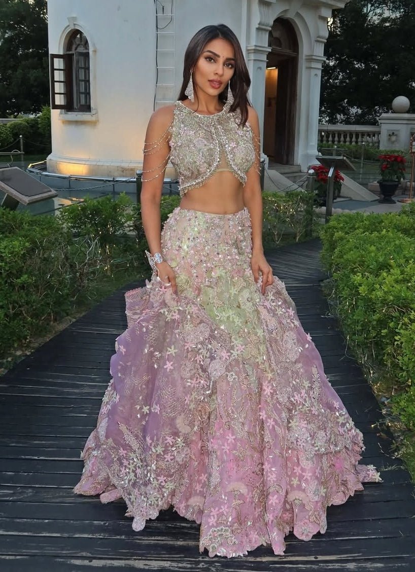 Pastel Green And Pink Floral Chiffon Lehenga Set Moledro - Fabilicious Fashion