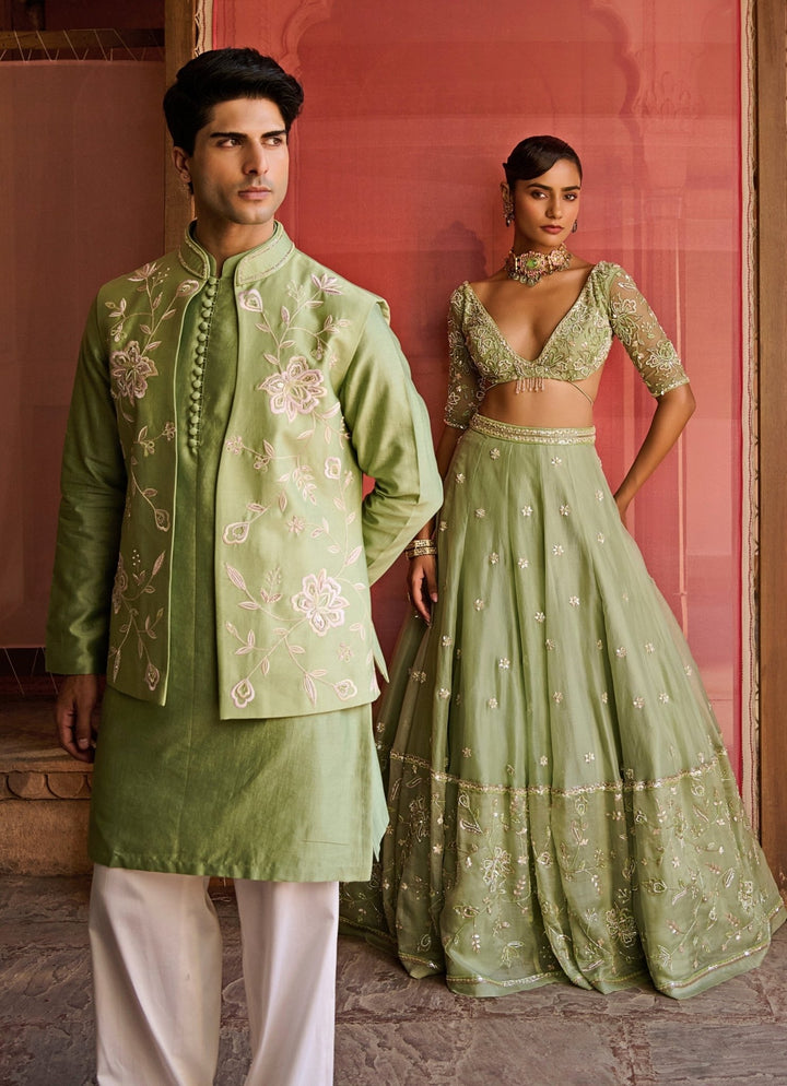 Pastel Green And Pink Silk Organza Lehenga Set Zoon Tribe - Fabilicious Fashion