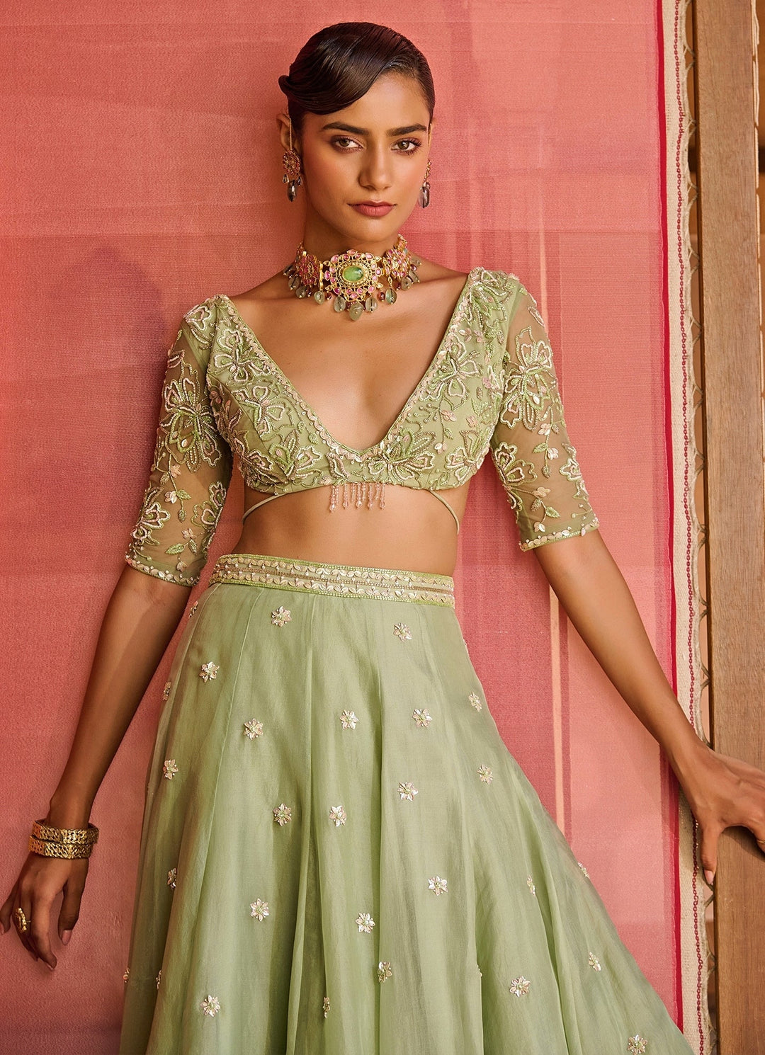Pastel Green And Pink Silk Organza Lehenga Set Zoon Tribe - Fabilicious Fashion