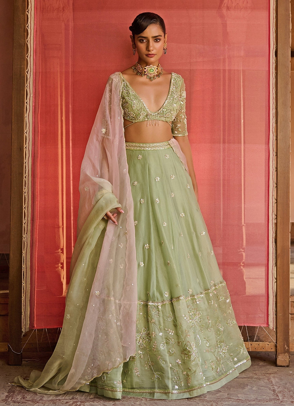 Pastel Green And Pink Silk Organza Lehenga Set Zoon Tribe - Fabilicious Fashion
