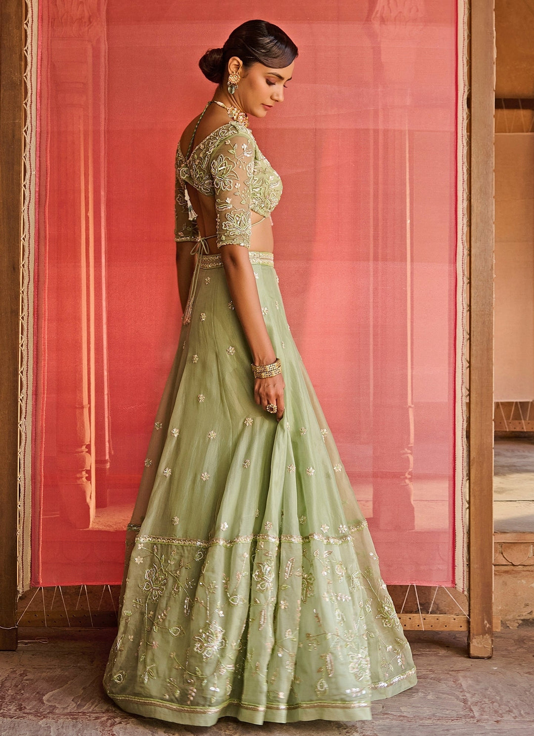 Pastel Green And Pink Silk Organza Lehenga Set Zoon Tribe - Fabilicious Fashion