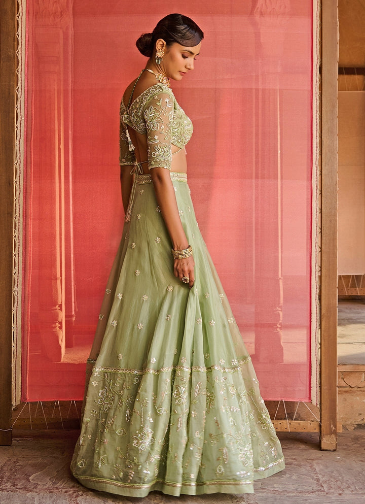 Pastel Green And Pink Silk Organza Lehenga Set Zoon Tribe - Fabilicious Fashion