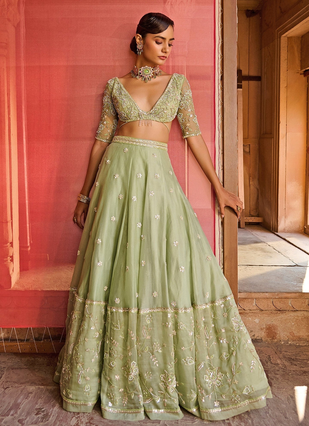 Pastel Green And Pink Silk Organza Lehenga Set Zoon Tribe - Fabilicious Fashion
