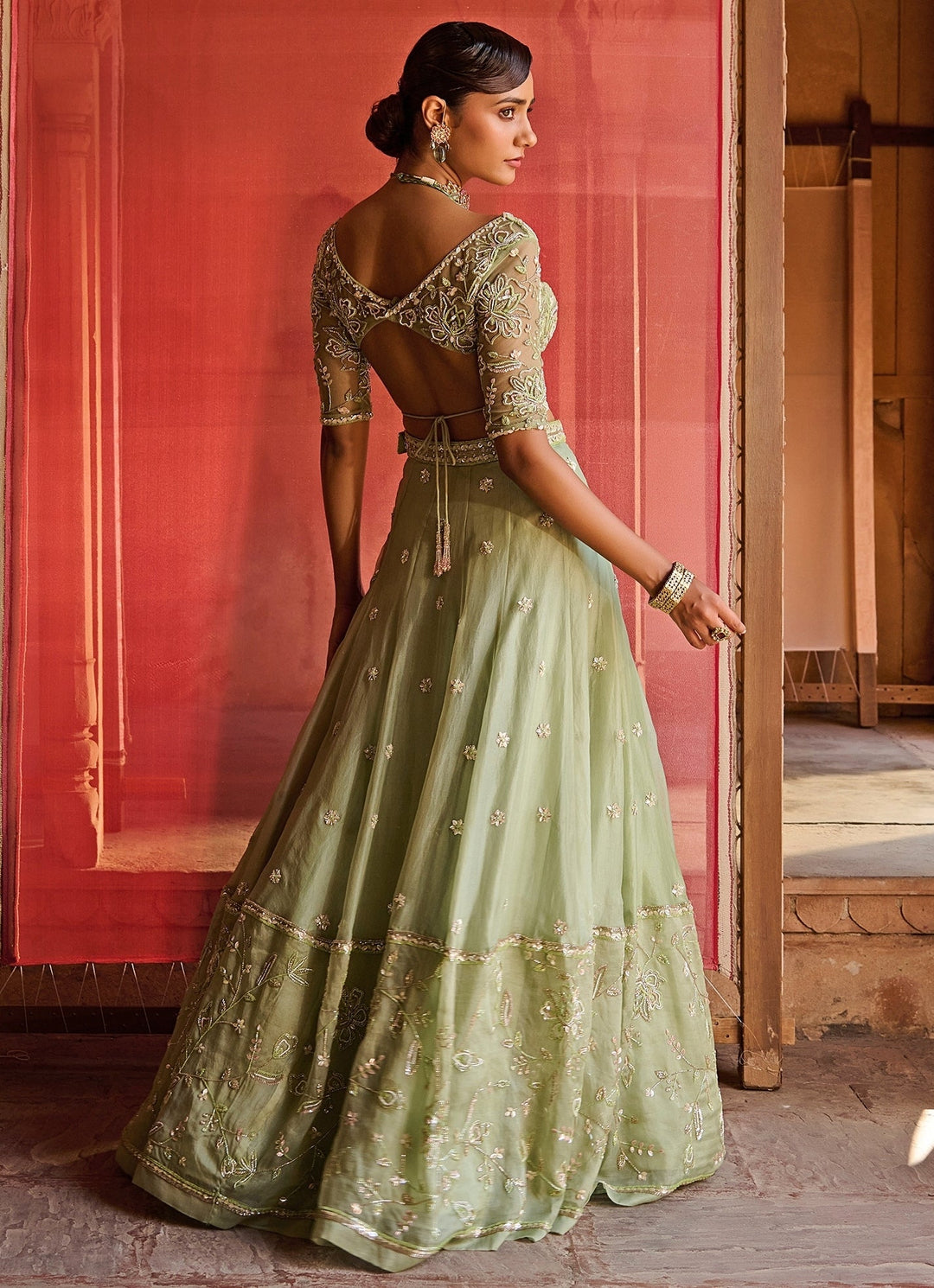 Pastel Green And Pink Silk Organza Lehenga Set Zoon Tribe - Fabilicious Fashion