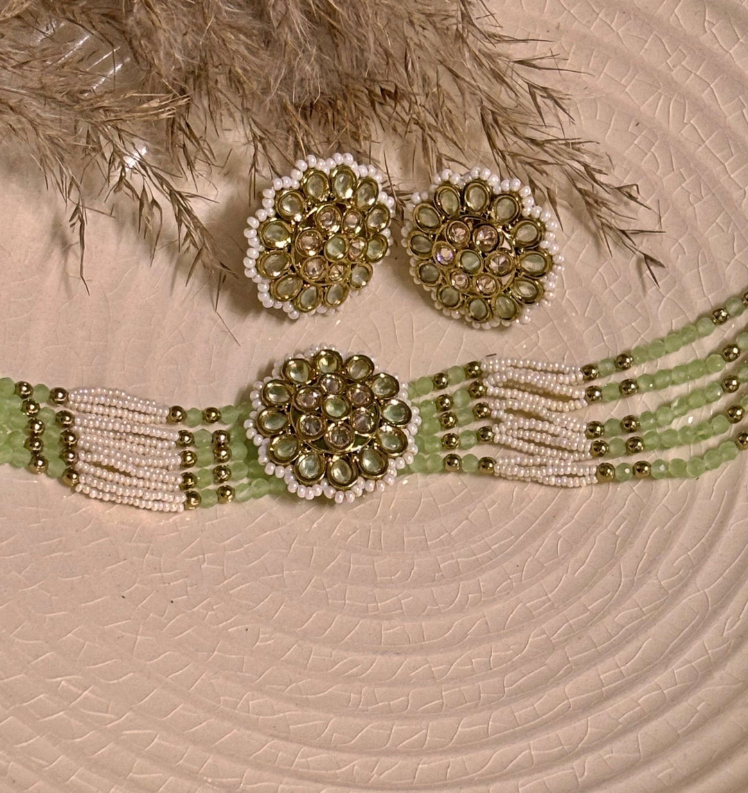 Naymee Pastel Green And White Pearl Choker SetFabilicious Fashion