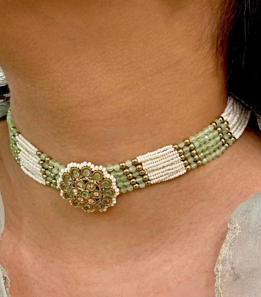 Naymee Pastel Green And White Pearl Choker SetFabilicious Fashion