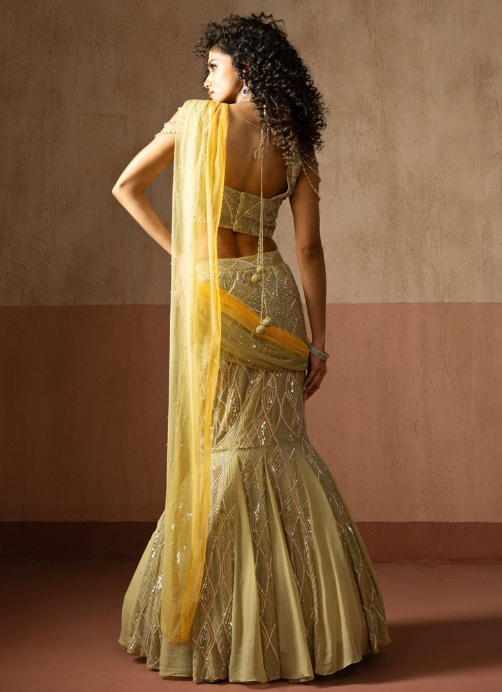 Pastel Green And Yellow Mermaid Pre Draped Georgette Saree Quench A Thirst - Fabilicious Fashion