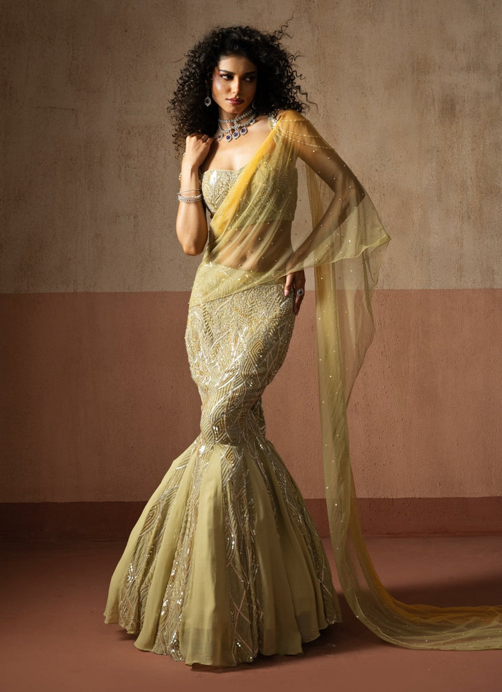 Pastel Green And Yellow Mermaid Pre Draped Georgette Saree Quench A Thirst - Fabilicious Fashion