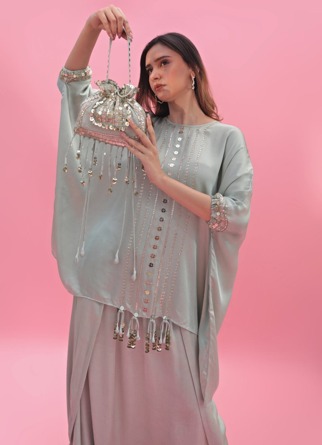 Pastel Green Anti - Fit Hand Embroidered Tunic Skirt Set Prahnaaya - Fabilicious Fashion