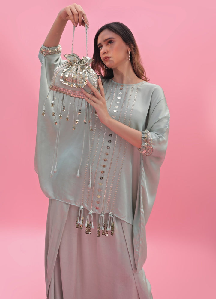 Pastel Green Anti - Fit Hand Embroidered Tunic Skirt Set Prahnaaya - Fabilicious Fashion