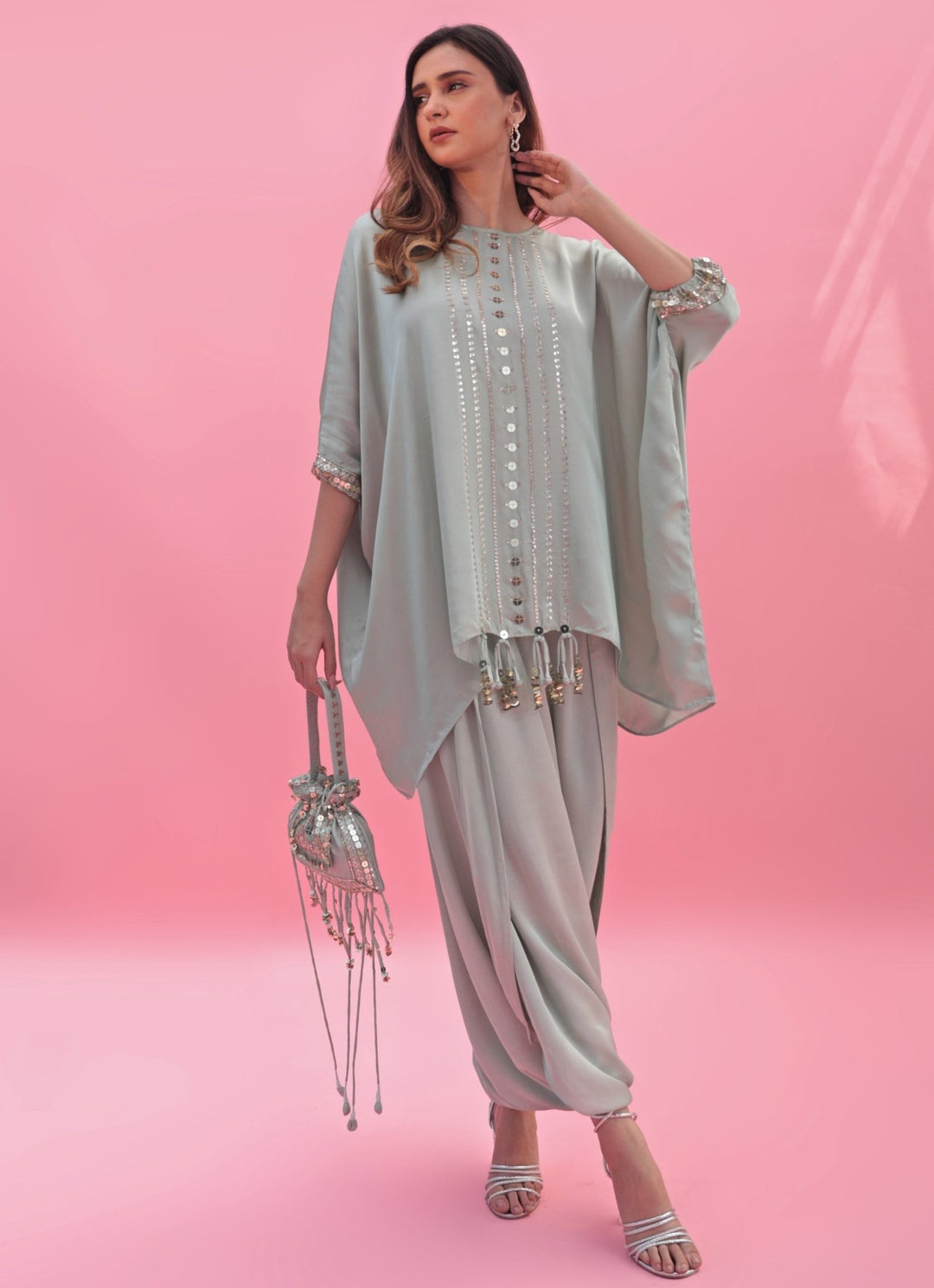 Pastel Green Anti - Fit Hand Embroidered Tunic Skirt Set Prahnaaya - Fabilicious Fashion