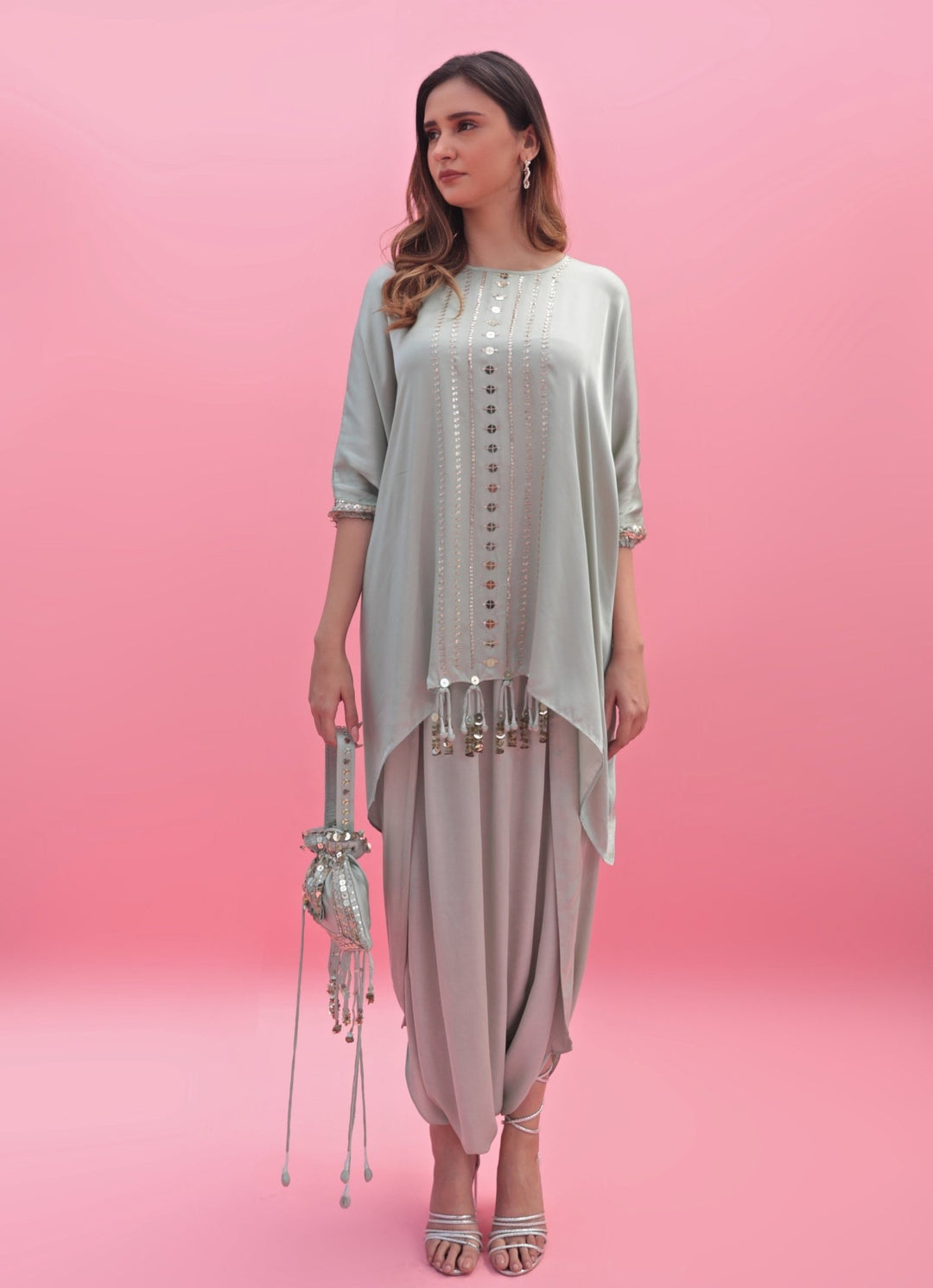 Pastel Green Anti - Fit Hand Embroidered Tunic Skirt Set Prahnaaya - Fabilicious Fashion