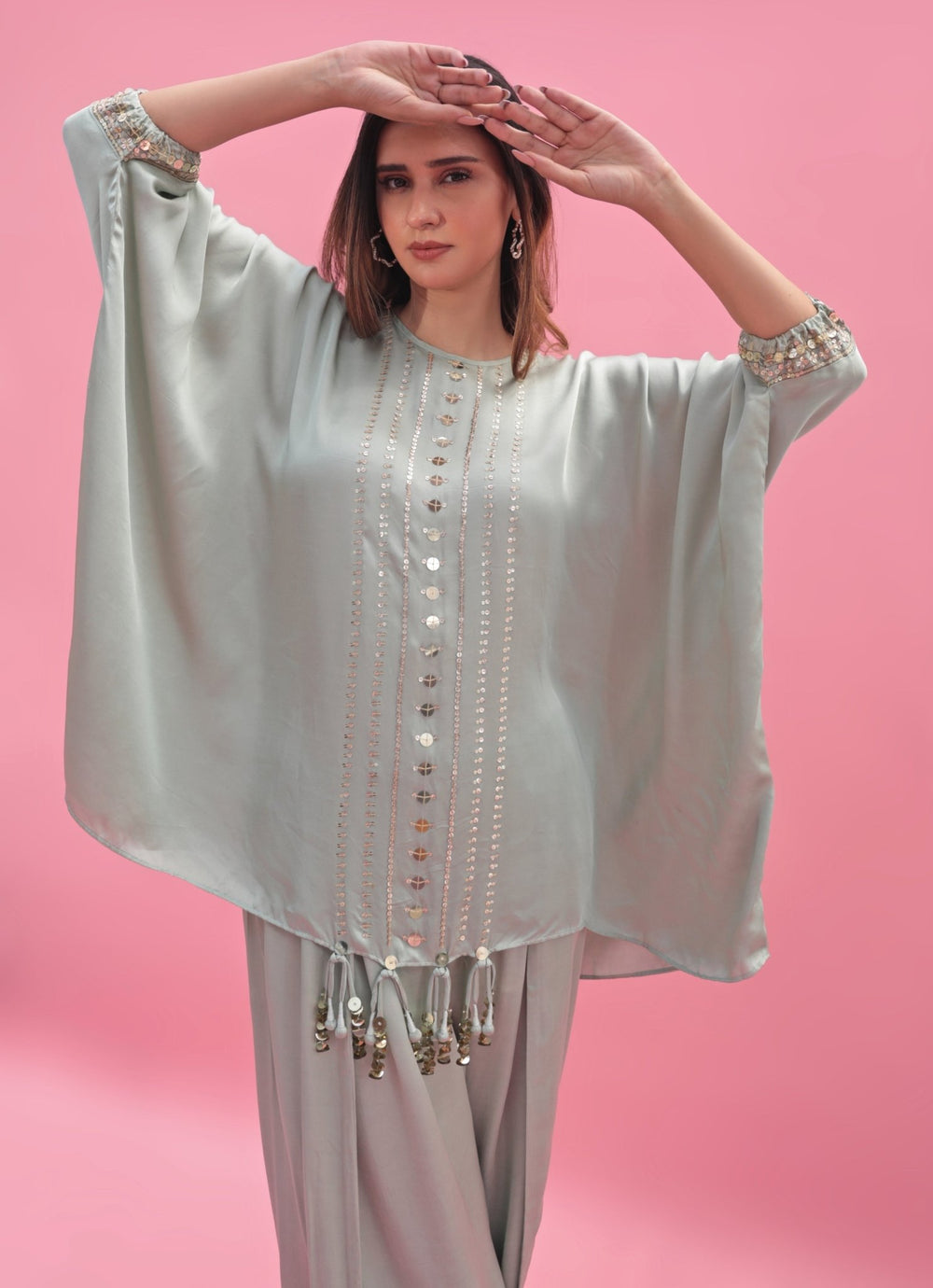 Pastel Green Anti - Fit Hand Embroidered Tunic Skirt Set Prahnaaya - Fabilicious Fashion