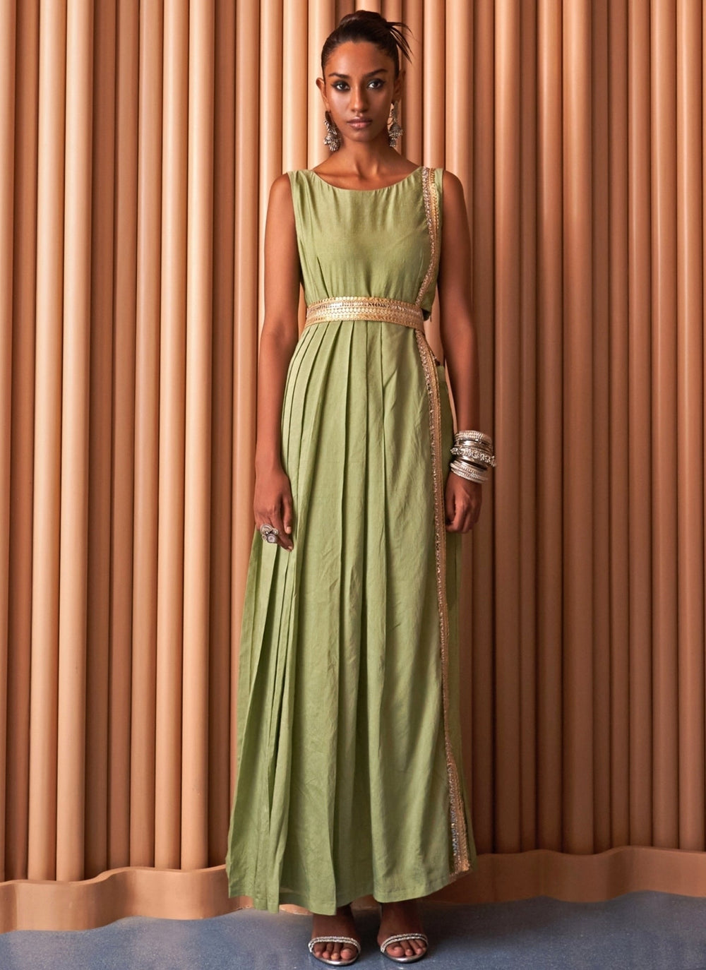 Rishi and Vibhuti Pastel Green Chanderi Kurta Set With BeltFabilicious Fashion