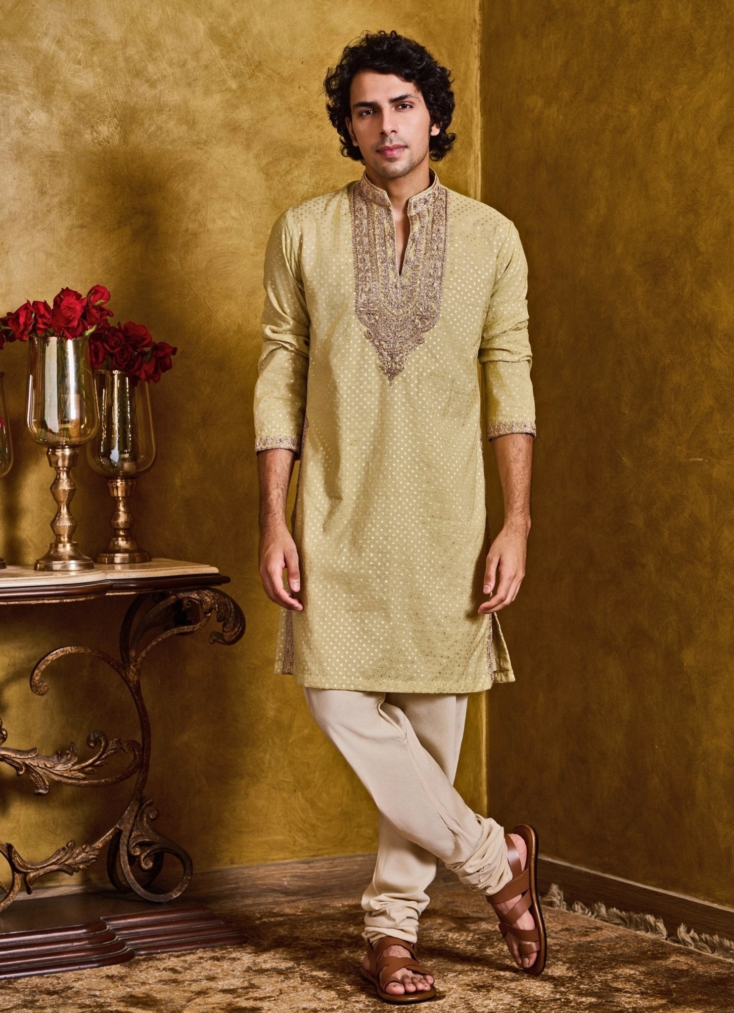 Pastel green chanderi kurta set for men — mehendi guest outfit