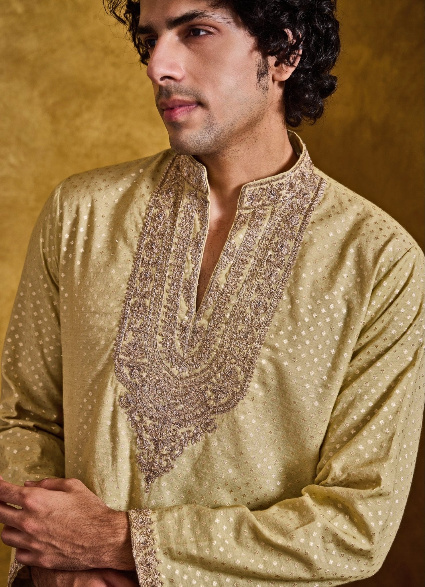 Pastel green chanderi men's kurta for Eid by Nitika Gujral
