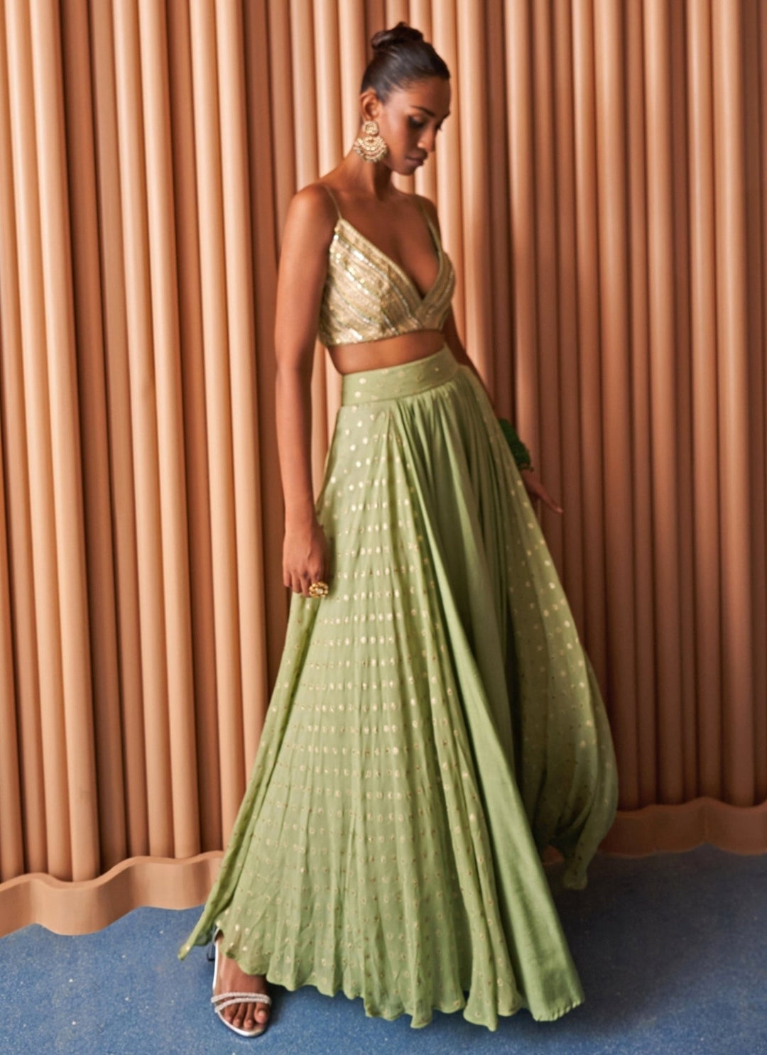 Rishi and Vibhuti Pastel Green Chanderi Lehenga Set With CapeFabilicious Fashion