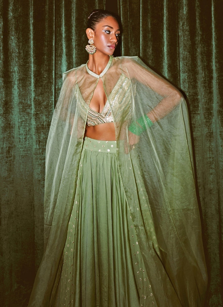 Rishi and Vibhuti Pastel Green Chanderi Lehenga Set With CapeFabilicious Fashion