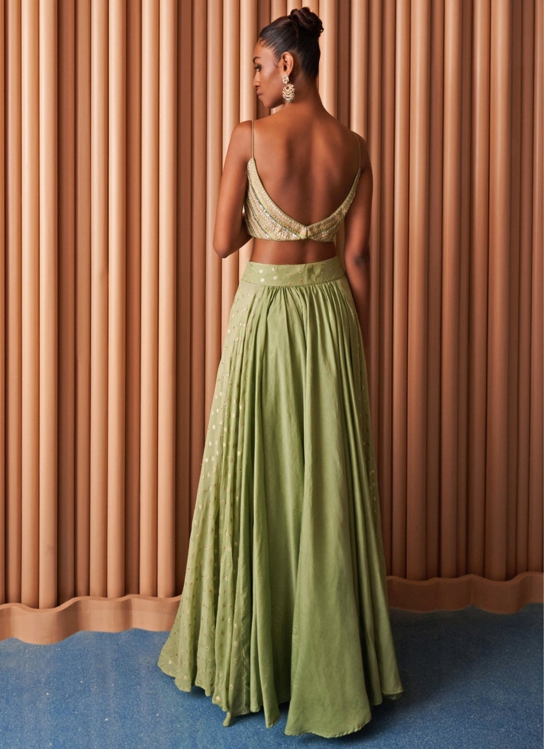 Rishi and Vibhuti Pastel Green Chanderi Lehenga Set With CapeFabilicious Fashion