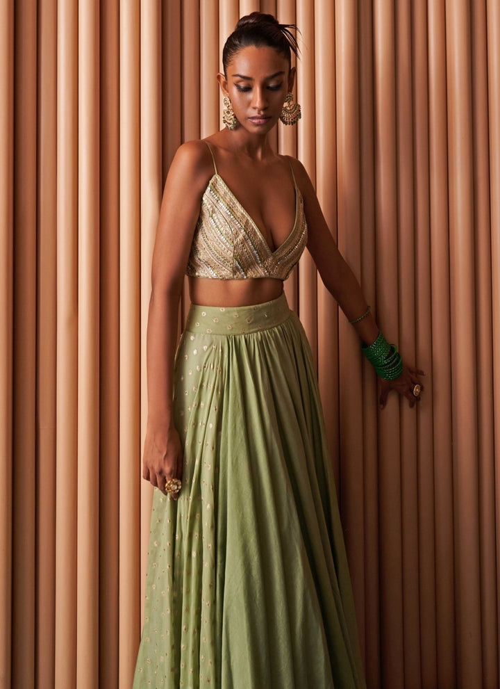 Rishi and Vibhuti Pastel Green Chanderi Lehenga Set With CapeFabilicious Fashion