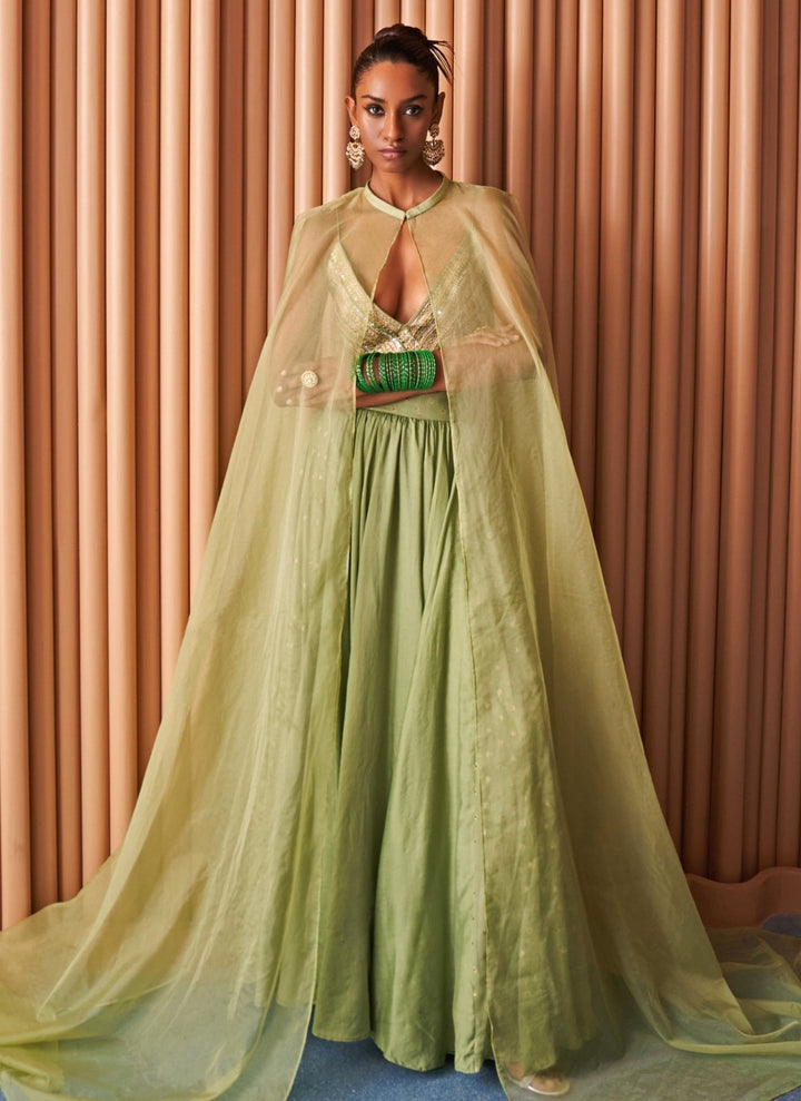 Rishi and Vibhuti Pastel Green Chanderi Lehenga Set With CapeFabilicious Fashion