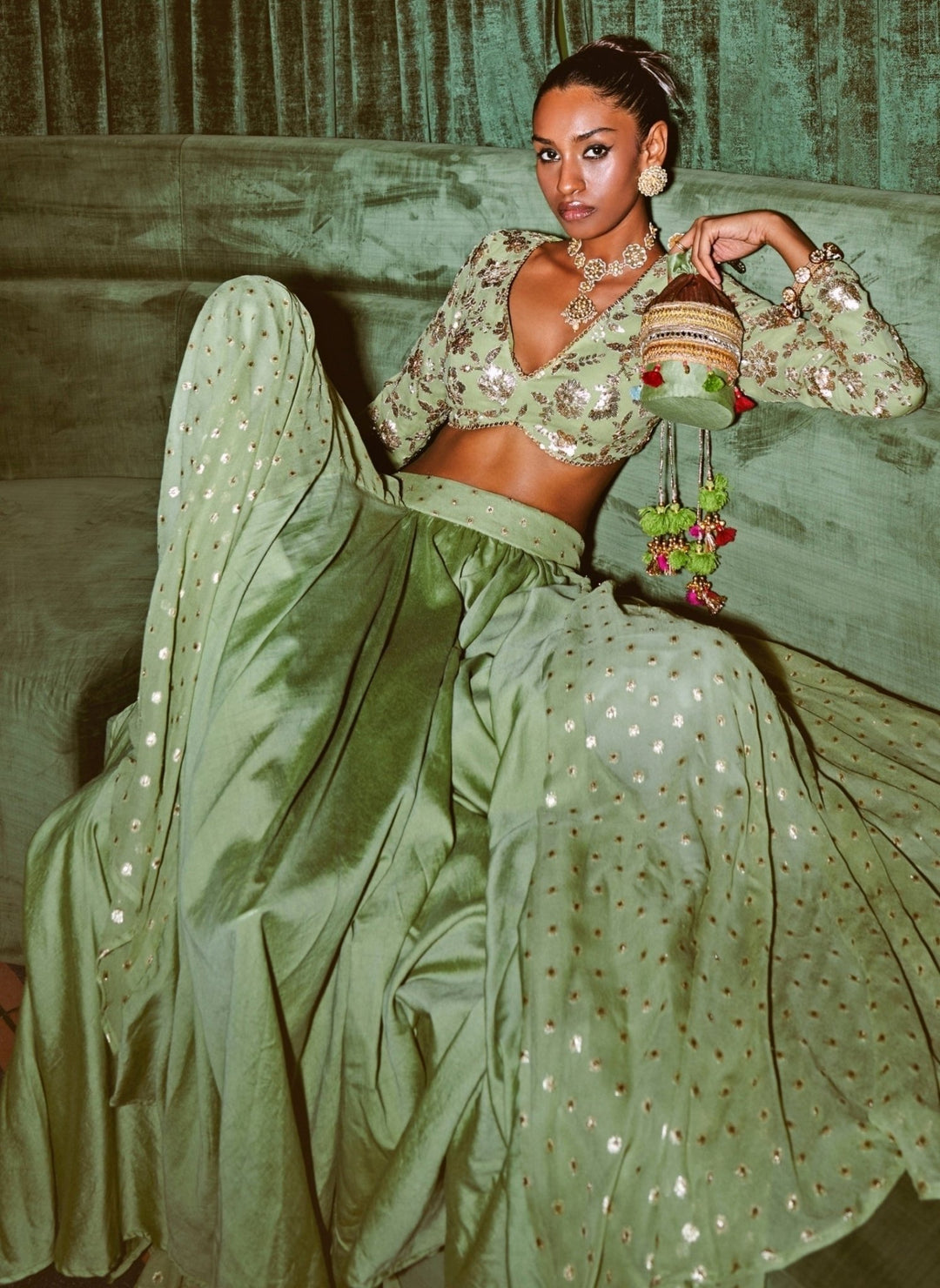 Rishi and Vibhuti Pastel Green Chanderi Lehenga SetFabilicious Fashion