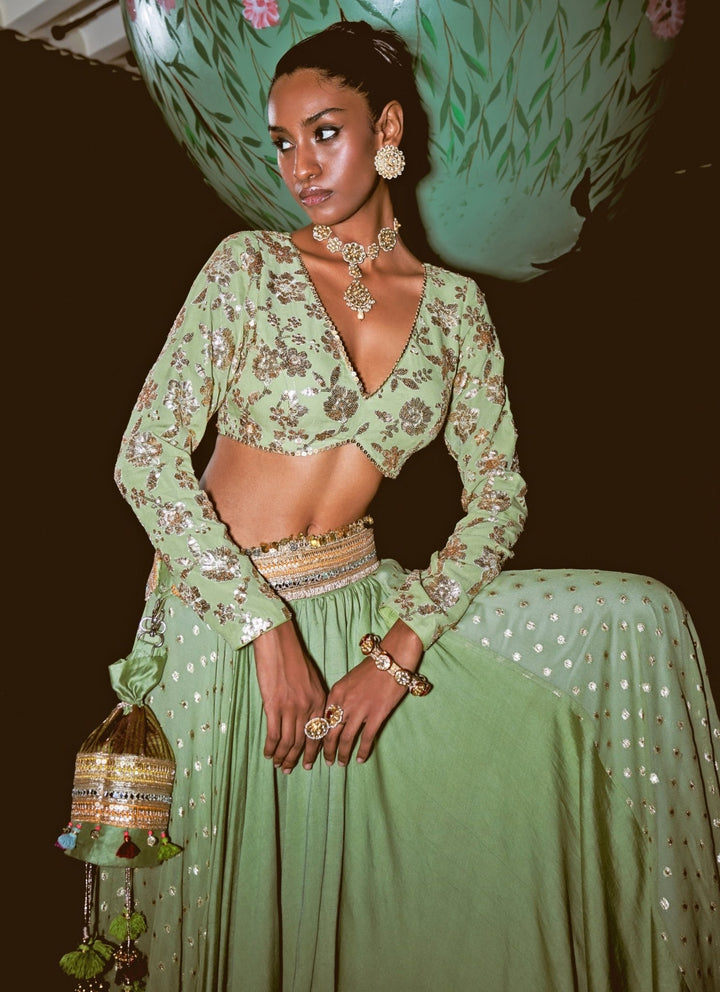 Rishi and Vibhuti Pastel Green Chanderi Lehenga SetFabilicious Fashion