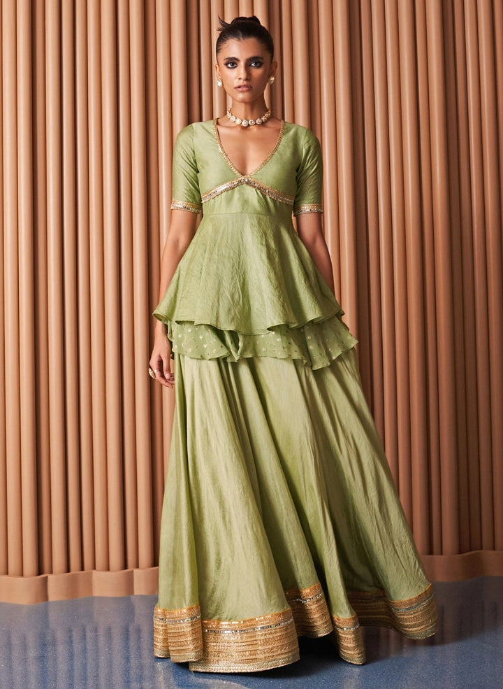 Rishi and Vibhuti Pastel Green Chanderi Peplum Kurta Lehenga SetFabilicious Fashion
