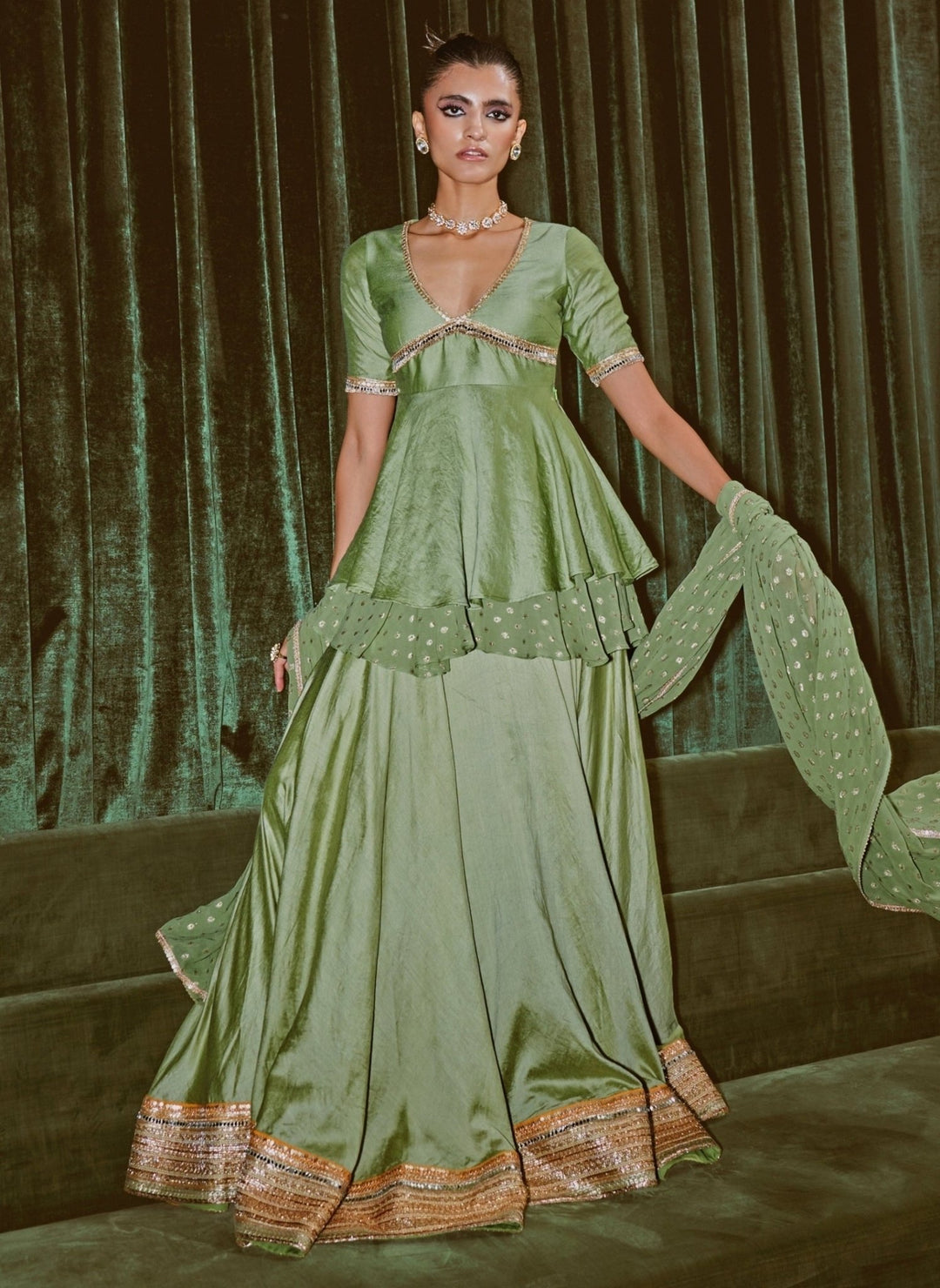 Rishi and Vibhuti Pastel Green Chanderi Peplum Kurta Lehenga SetFabilicious Fashion