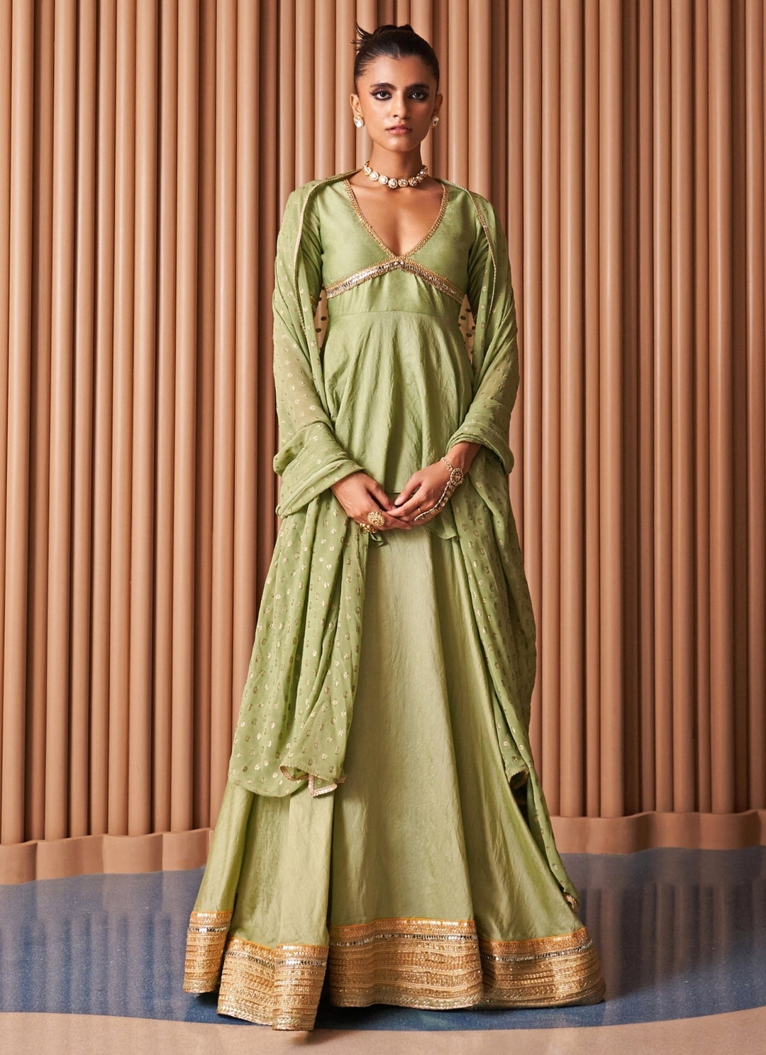 Rishi and Vibhuti Pastel Green Chanderi Peplum Kurta Lehenga SetFabilicious Fashion