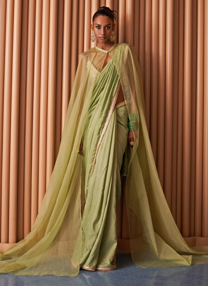 Rishi and Vibhuti Pastel Green Chiffon Pre-Draped Saree With CapeFabilicious Fashion