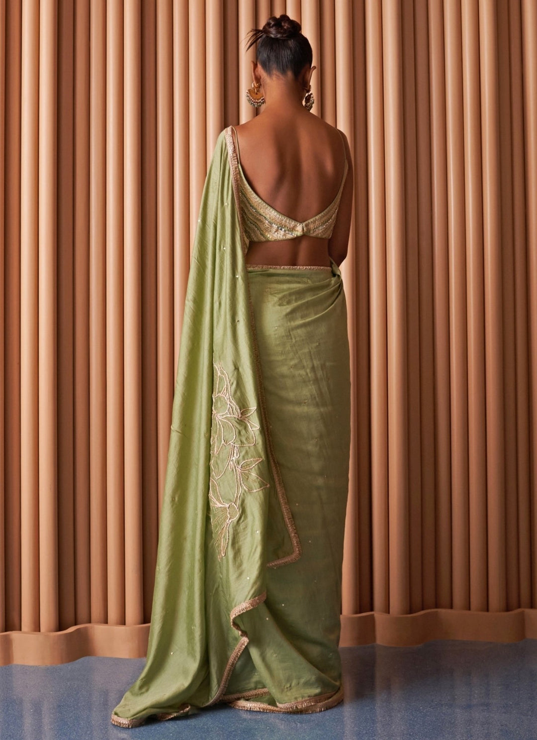 Rishi and Vibhuti Pastel Green Chiffon Pre-Draped Saree With CapeFabilicious Fashion