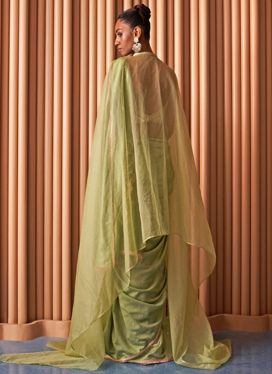 Rishi and Vibhuti Pastel Green Chiffon Pre-Draped Saree With CapeFabilicious Fashion
