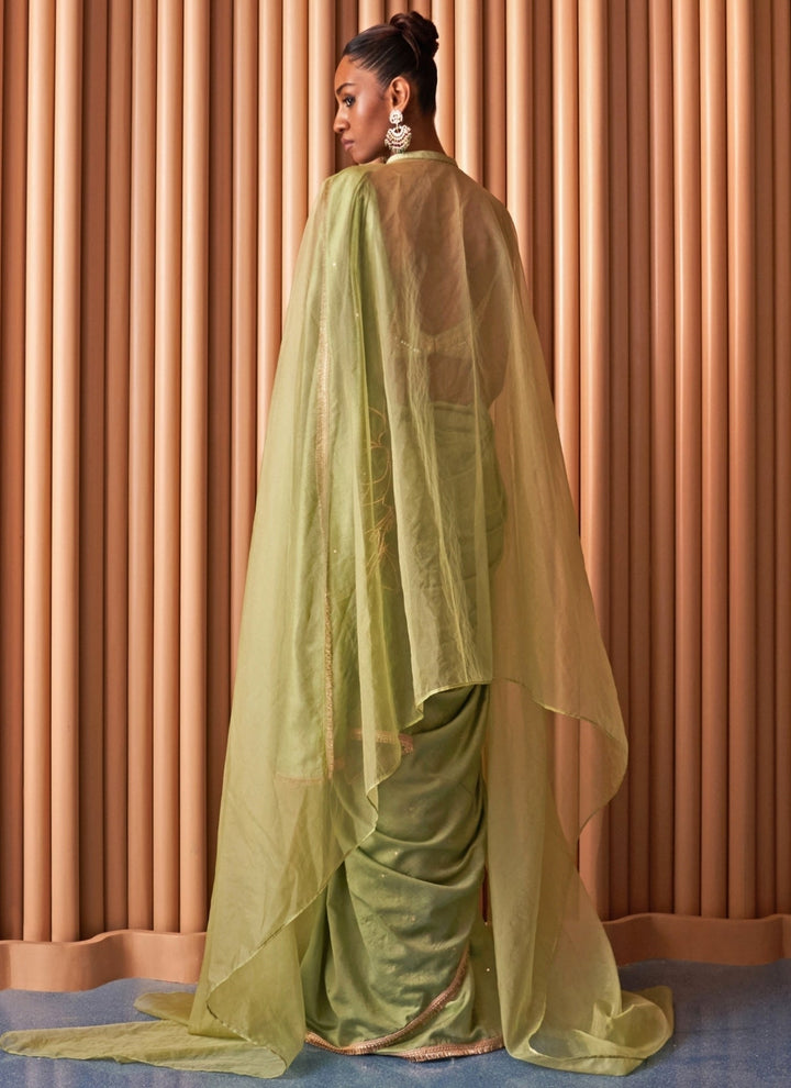 Rishi and Vibhuti Pastel Green Chiffon Pre-Draped Saree With CapeFabilicious Fashion