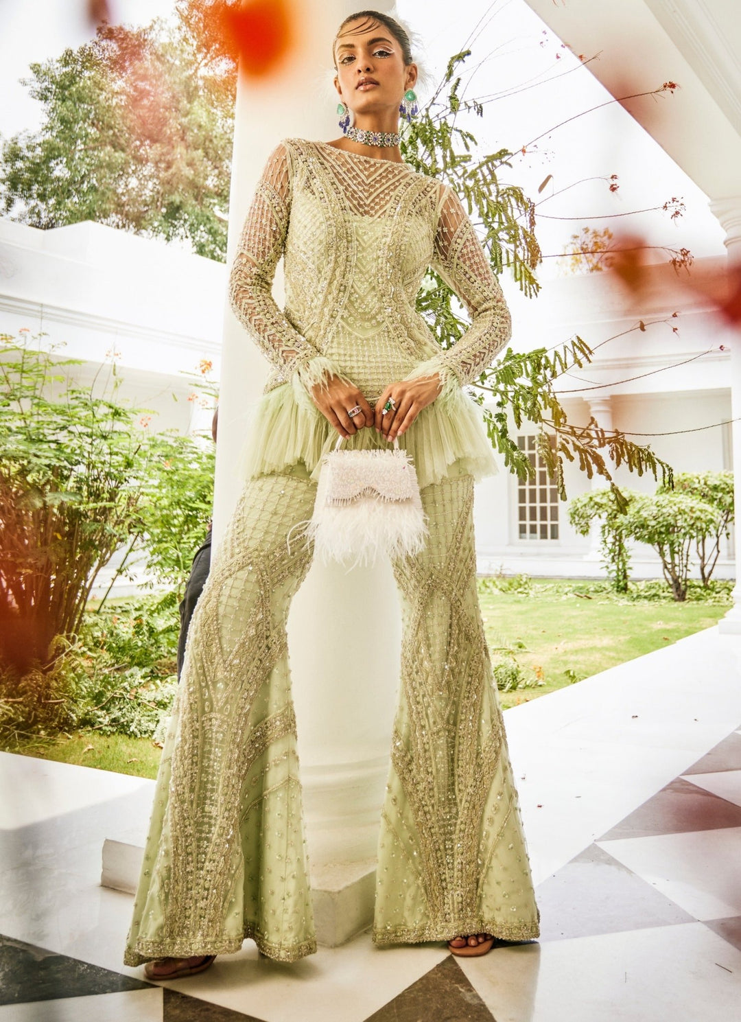 Pastel Green Embroidered Kurta Sharara Set Mani Bhatia - Fabilicious Fashion