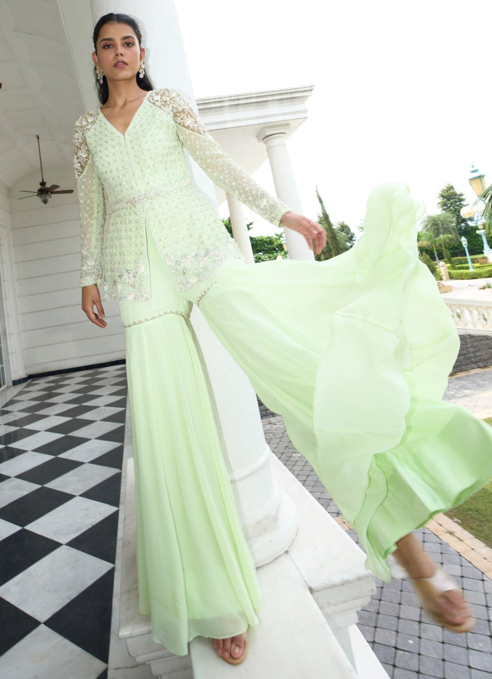 Pastel Green Embroidered Peplum Kurta Sharara Set Sanya Gulati - Fabilicious Fashion