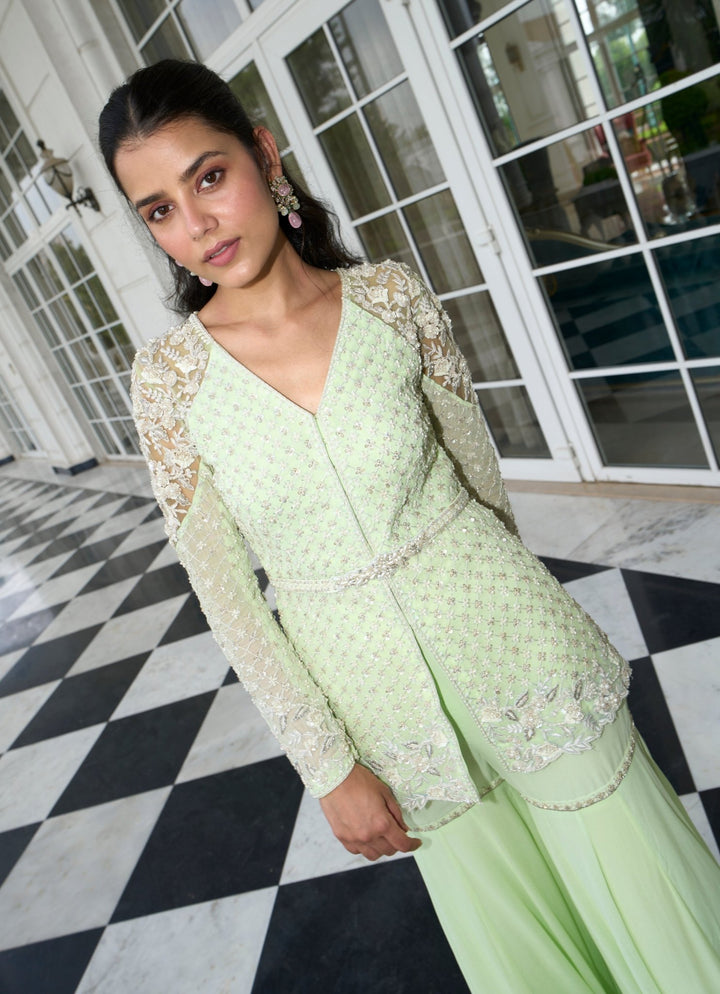 Pastel Green Embroidered Peplum Kurta Sharara Set Sanya Gulati - Fabilicious Fashion