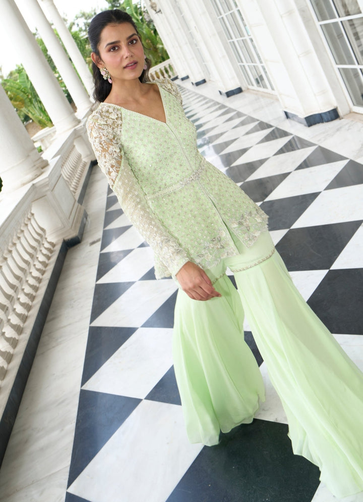 Pastel Green Embroidered Peplum Kurta Sharara Set Sanya Gulati - Fabilicious Fashion