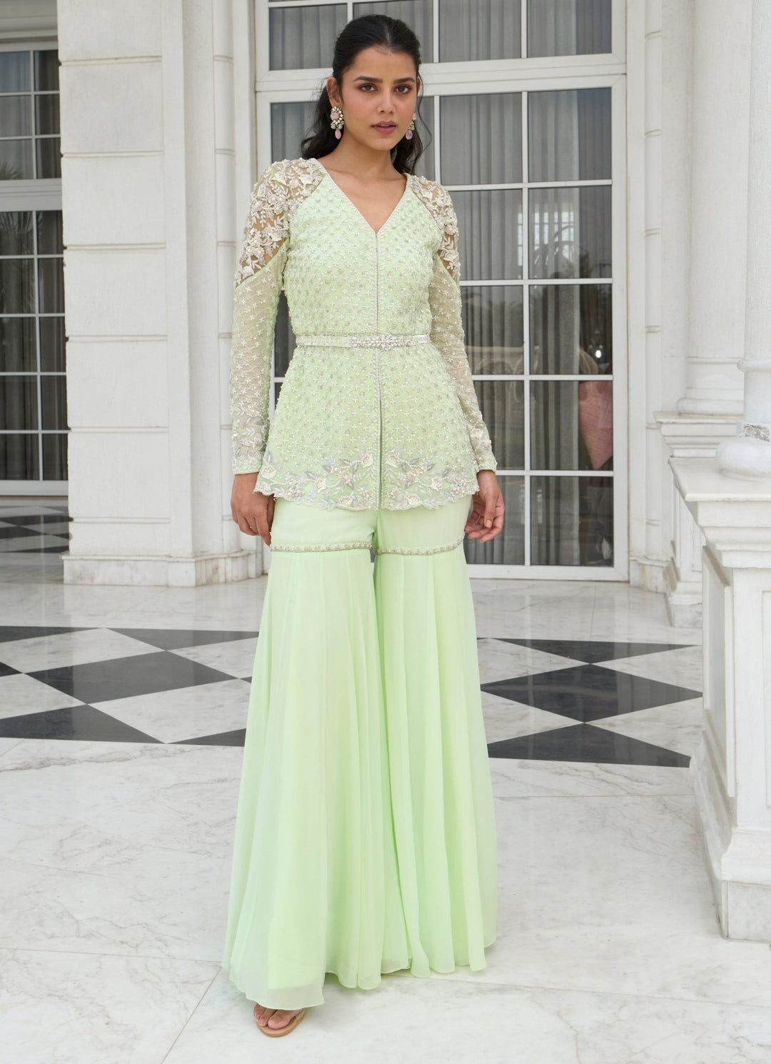Pastel Green Embroidered Peplum Kurta Sharara Set Sanya Gulati - Fabilicious Fashion